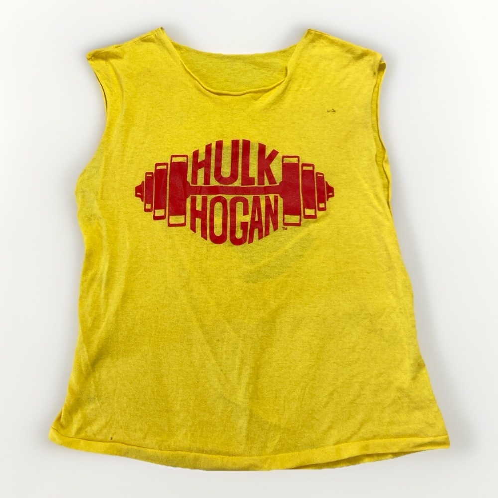 Vintage Hulk Hogan Shirt Mens M WWF Wrestling Cropped Cut Yellow Hulkamania 90s